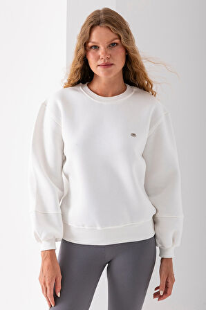 Kadın Bisiklet Yaka Fiyonk Aksesuarlı 3İp Sweatshirt Beyaz - 2624