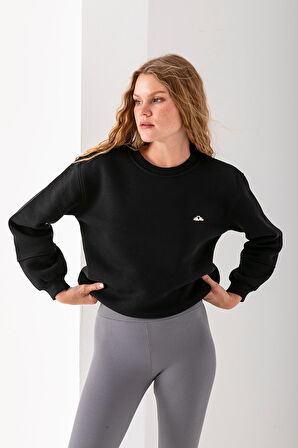 Kadın Bisiklet Yaka Miu Miu Aksesuarlı 3İp Sweatshirt Siyah - 2627