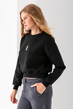 Kadın Bisiklet Yaka Gözlüklü Ayı Nakışlı 3İp Crop Sweatshirt Siyah - 2671