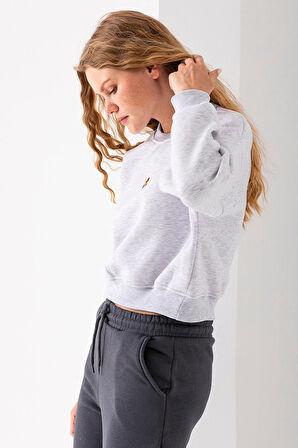 Kadın Bisiklet Yaka Gözlüklü Ayı Nakışlı 3İp Crop Sweatshirt Gri - 2671