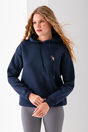 Kadın Kapüşonlu Ceylan Nakışlı 3İp Sweatshirt Lacivert - 2622
