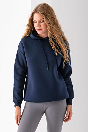 Kadın Kapüşonlu Ceylan Nakışlı 3İp Sweatshirt Lacivert - 2622