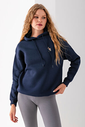 Kadın Kapüşonlu Ceylan Nakışlı 3İp Sweatshirt Lacivert - 2622