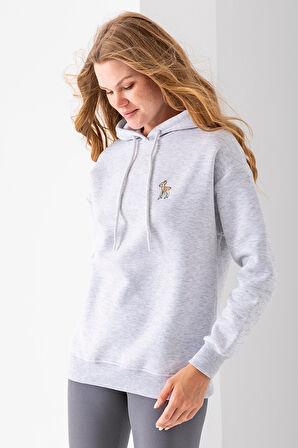 Kadın Kapüşonlu Ceylan Nakışlı 3İp Sweatshirt Gri - 2622