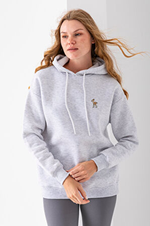 Kadın Kapüşonlu Ceylan Nakışlı 3İp Sweatshirt Gri - 2622