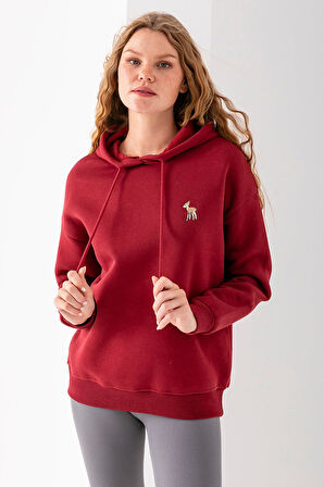 Kadın Kapüşonlu Ceylan Nakışlı 3İp Sweatshirt Bordo - 2622