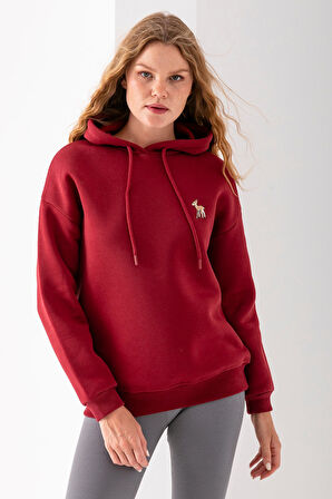 Kadın Kapüşonlu Ceylan Nakışlı 3İp Sweatshirt Bordo - 2622