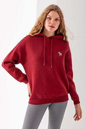 Kadın Kapüşonlu Ceylan Nakışlı 3İp Sweatshirt Bordo - 2622
