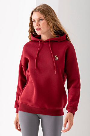 Kadın Kapüşonlu Ceylan Nakışlı 3İp Sweatshirt Bordo - 2622
