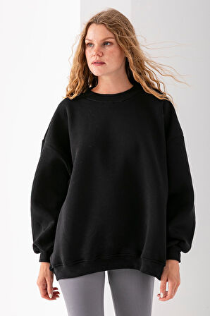 Kadın Bisiklet Yaka Oversize 3İp Şardonlu Basic Sweatshirt Siyah - 2662