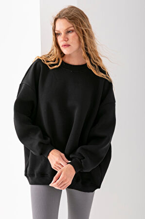 Kadın Bisiklet Yaka Oversize 3İp Şardonlu Basic Sweatshirt Siyah - 2662