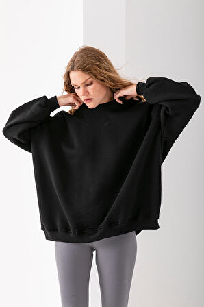 Kadın Bisiklet Yaka Oversize 3İp Şardonlu Basic Sweatshirt Siyah - 2662