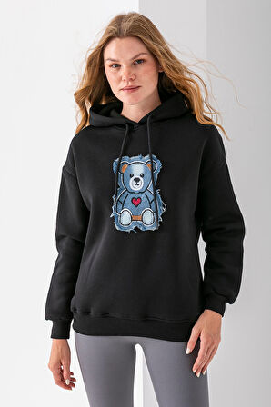 Kadın Kapüşonlu Kot Ayıcık Nakışlı 3İp Sweatshirt Siyah - 2621