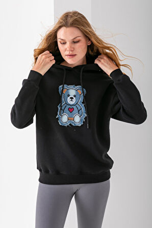 Kadın Kapüşonlu Kot Ayıcık Nakışlı 3İp Sweatshirt Siyah - 2621