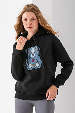 Kadın Kapüşonlu Kot Ayıcık Nakışlı 3İp Sweatshirt Siyah - 2621