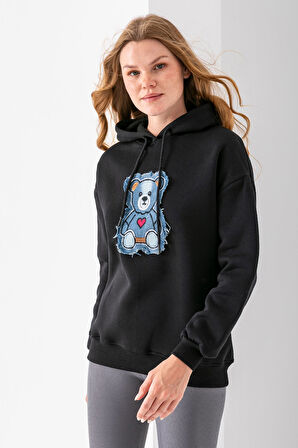 Kadın Kapüşonlu Kot Ayıcık Nakışlı 3İp Sweatshirt Siyah - 2621