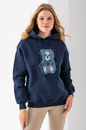 Kadın Kapüşonlu Kot Ayıcık Nakışlı 3İp Sweatshirt Lacivert - 2621
