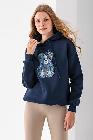 Kadın Kapüşonlu Kot Ayıcık Nakışlı 3İp Sweatshirt Lacivert - 2621