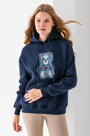 Kadın Kapüşonlu Kot Ayıcık Nakışlı 3İp Sweatshirt Lacivert - 2621