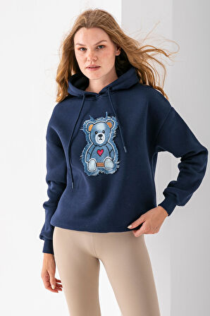 Kadın Kapüşonlu Kot Ayıcık Nakışlı 3İp Sweatshirt Lacivert - 2621