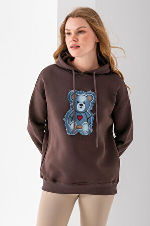 Kadın Kapüşonlu Kot Ayıcık Nakışlı 3İp Sweatshirt Kahverengi - 2621