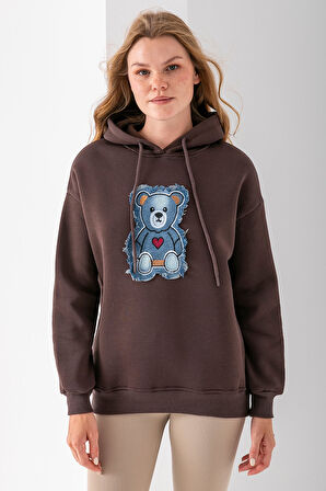 Kadın Kapüşonlu Kot Ayıcık Nakışlı 3İp Sweatshirt Kahverengi - 2621