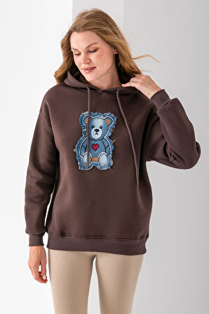 Kadın Kapüşonlu Kot Ayıcık Nakışlı 3İp Sweatshirt Kahverengi - 2621