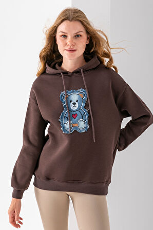 Kadın Kapüşonlu Kot Ayıcık Nakışlı 3İp Sweatshirt Kahverengi - 2621