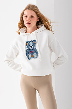 Kadın Kapüşonlu Kot Ayıcık Nakışlı 3İp Sweatshirt Beyaz - 2621
