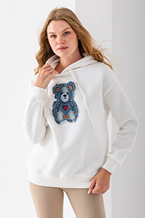 Kadın Kapüşonlu Kot Ayıcık Nakışlı 3İp Sweatshirt Beyaz - 2621
