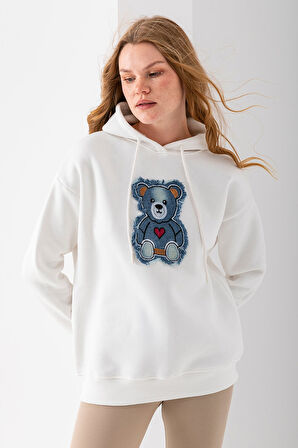 Kadın Kapüşonlu Kot Ayıcık Nakışlı 3İp Sweatshirt Beyaz - 2621