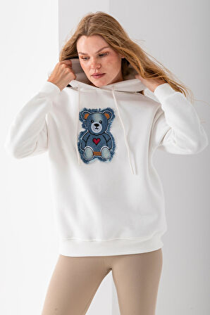 Kadın Kapüşonlu Kot Ayıcık Nakışlı 3İp Sweatshirt Beyaz - 2621