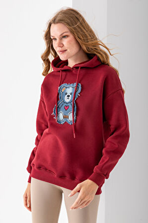Kadın Kapüşonlu Kot Ayıcık Nakışlı 3İp Sweatshirt Bordo - 2621