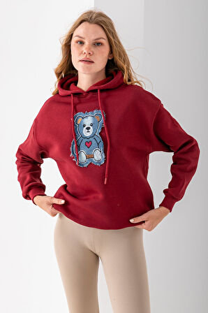 Kadın Kapüşonlu Kot Ayıcık Nakışlı 3İp Sweatshirt Bordo - 2621