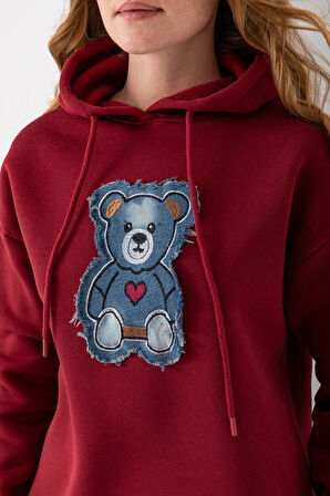 Kadın Kapüşonlu Kot Ayıcık Nakışlı 3İp Sweatshirt Bordo - 2621