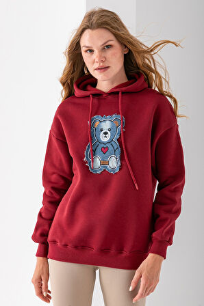 Kadın Kapüşonlu Kot Ayıcık Nakışlı 3İp Sweatshirt Bordo - 2621