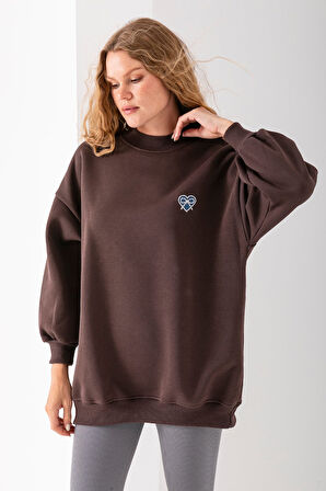 Kadın Bisiklet Yaka Fiyonk Kalp Nakışlı Oversize 3İp Sweatshirt Kahverengi - 2629