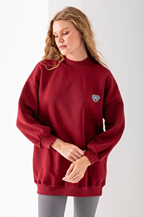 Kadın Bisiklet Yaka Fiyonk Kalp Nakışlı Oversize 3İp Sweatshirt Bordo - 2629