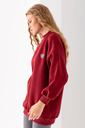 Kadın Bisiklet Yaka Fiyonk Kalp Nakışlı Oversize 3İp Sweatshirt Bordo - 2629