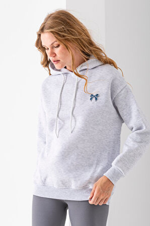 Kadın Kapüşonlu Taşlı Fiyonk Nakışlı 3İp Sweatshirt Gri - 2623