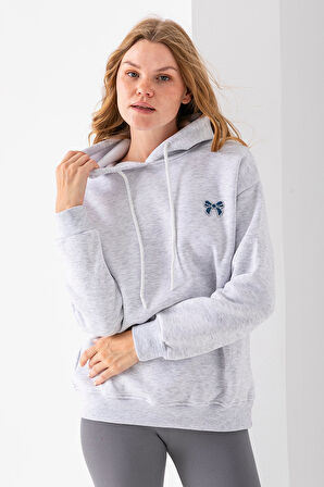 Kadın Kapüşonlu Taşlı Fiyonk Nakışlı 3İp Sweatshirt Gri - 2623
