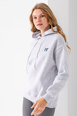 Kadın Kapüşonlu Taşlı Fiyonk Nakışlı 3İp Sweatshirt Gri - 2623
