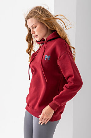 Kadın Kapüşonlu Taşlı Fiyonk Nakışlı 3İp Sweatshirt Bordo - 2623