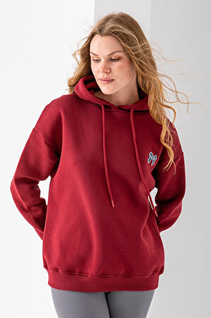 Kadın Kapüşonlu Taşlı Fiyonk Nakışlı 3İp Sweatshirt Bordo - 2623