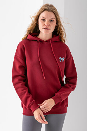 Kadın Kapüşonlu Taşlı Fiyonk Nakışlı 3İp Sweatshirt Bordo - 2623