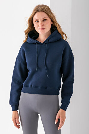 Kadın Kapüşonlu 3İp Şardonlu Crop Sweatshirt Lacivert - 2612