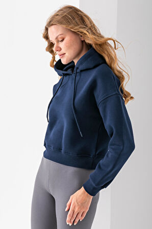 Kadın Kapüşonlu 3İp Şardonlu Crop Sweatshirt Lacivert - 2612