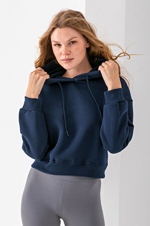 Kadın Kapüşonlu 3İp Şardonlu Crop Sweatshirt Lacivert - 2612