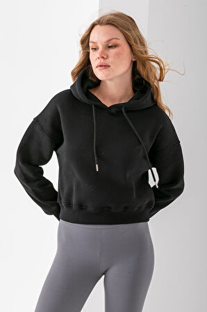 Kadın Kapüşonlu 3İp Şardonlu Crop Sweatshirt Siyah - 2612