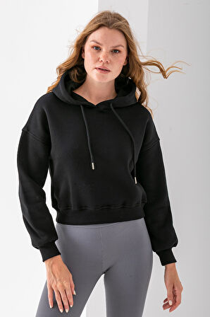 Kadın Kapüşonlu 3İp Şardonlu Crop Sweatshirt Siyah - 2612